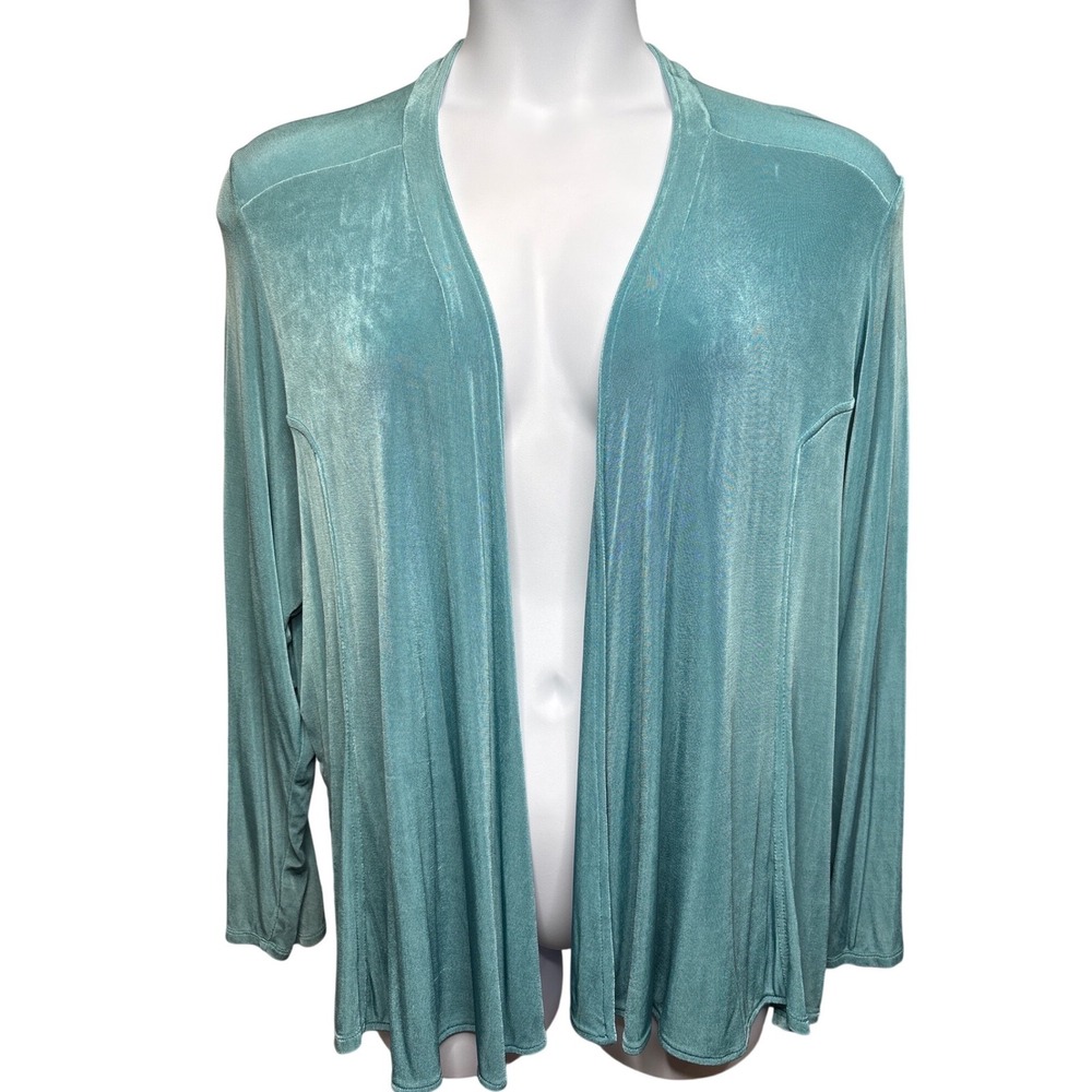 UNITS‎ WOMAN Teal Blue Liquid Knit Open Front Cardigan 2X Slinky Draped Stretch